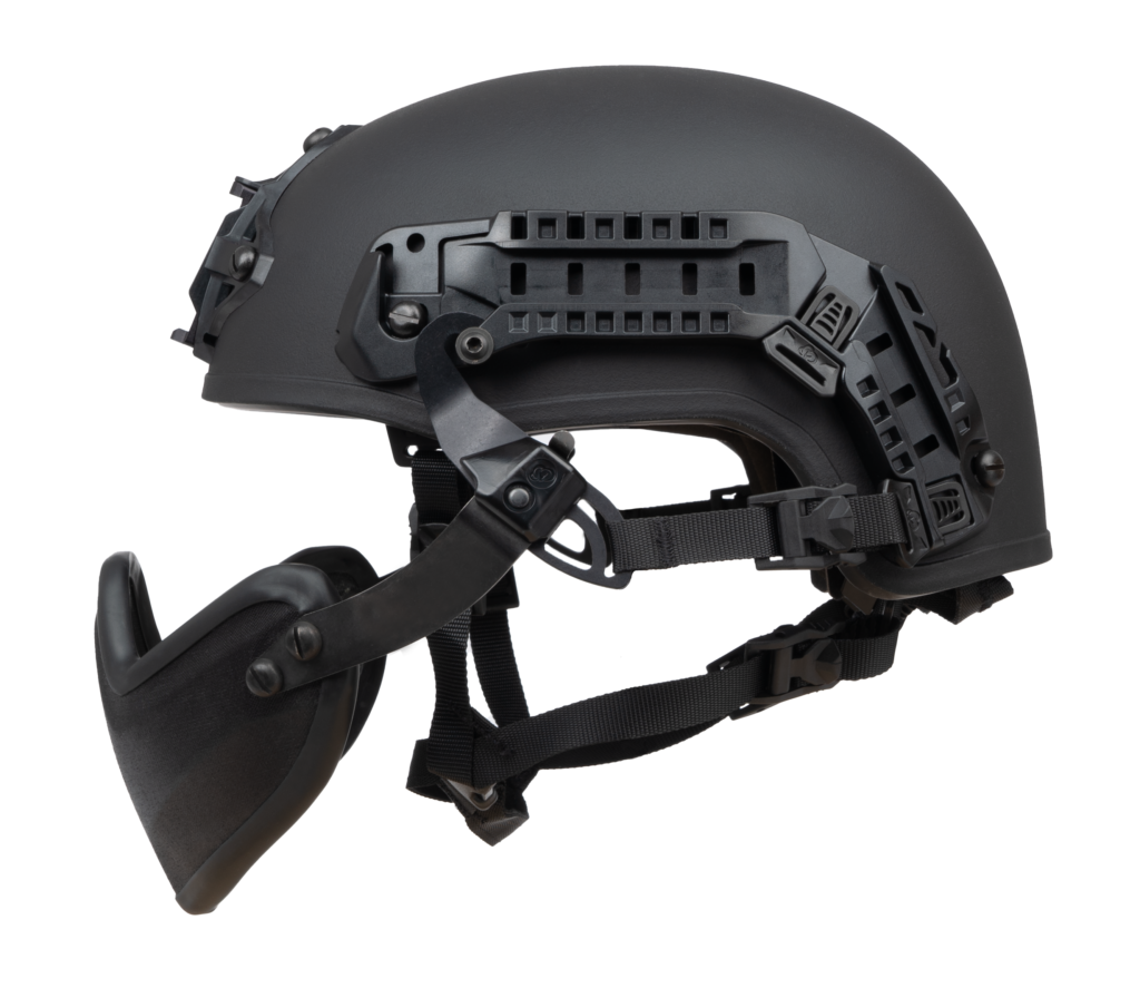 Busch PROtective ballistic mandible BAM-1 for all helmets with a CMR-1 rail system, shown from the side.