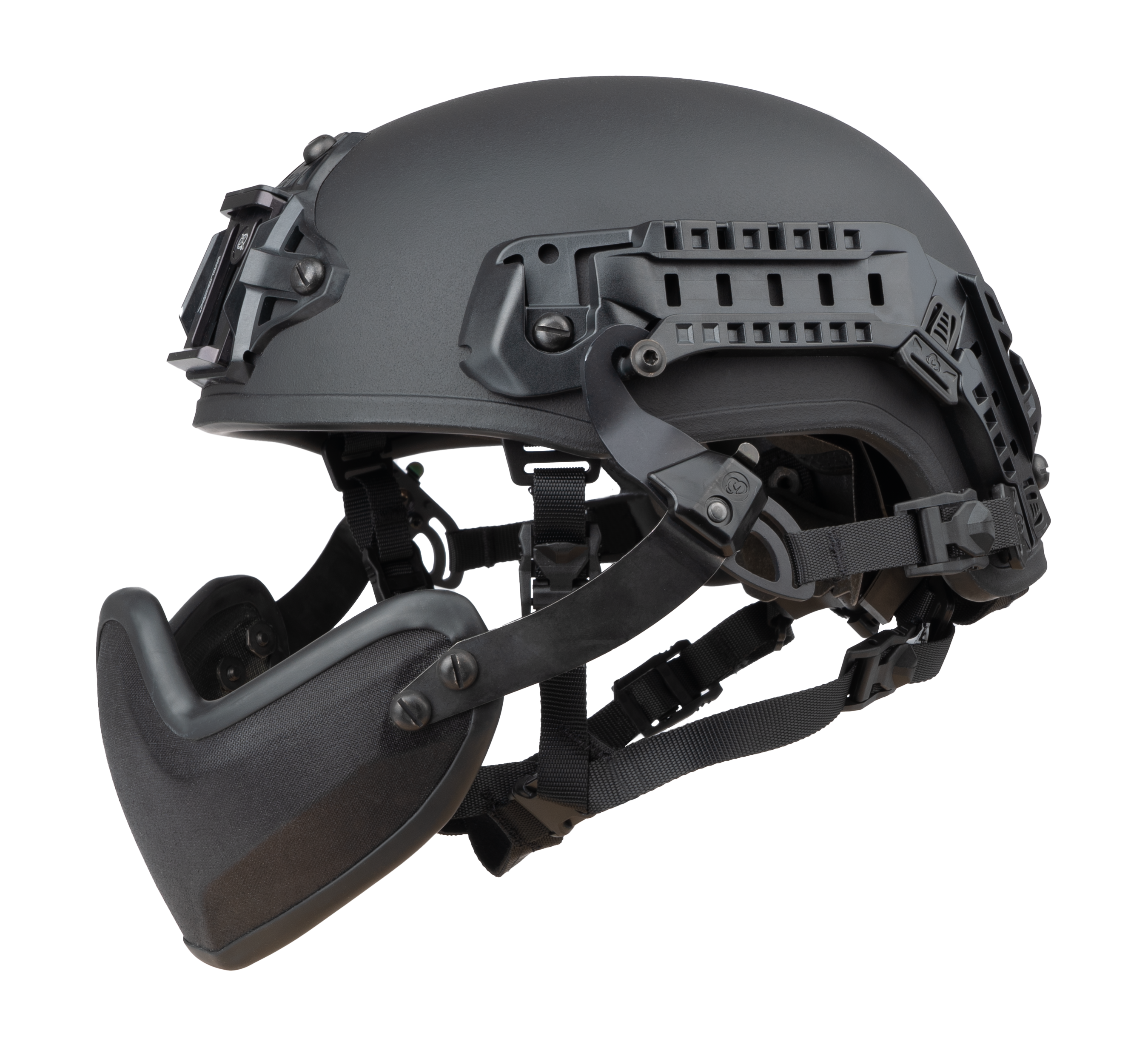 Busch PROtective ballistic mandible BAM-1 for all helmets with a CMR-1 rail system, shown diagonal from the side