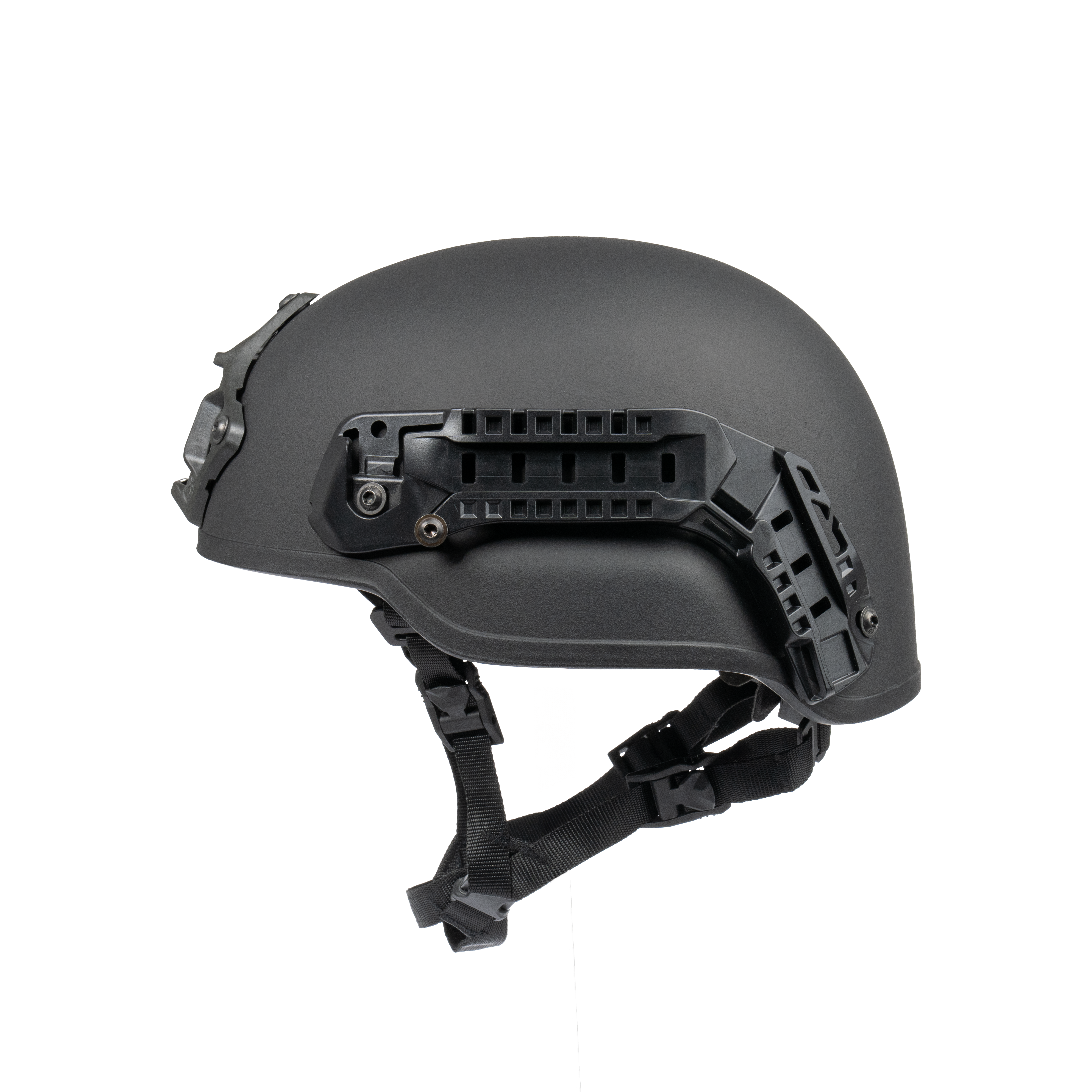 Ballistic, boltless helmet AMP-1 X in black and mid cut for law enforcement. Photo from the left.