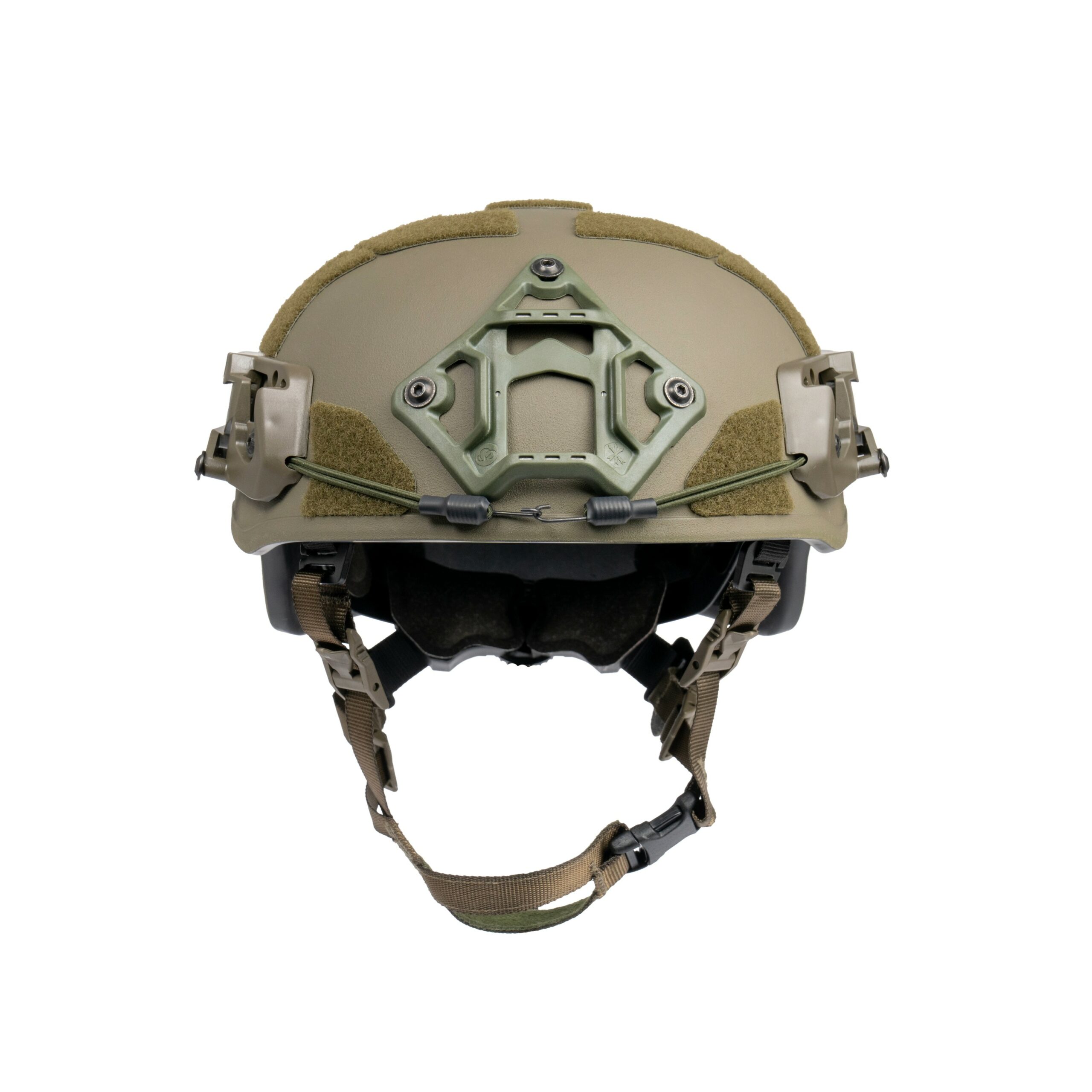 Ballistic helmet AMP-1 X in High-Cut ranger green with Unity Tactical NVG, bungees, Velcro and CMR-1 rail.