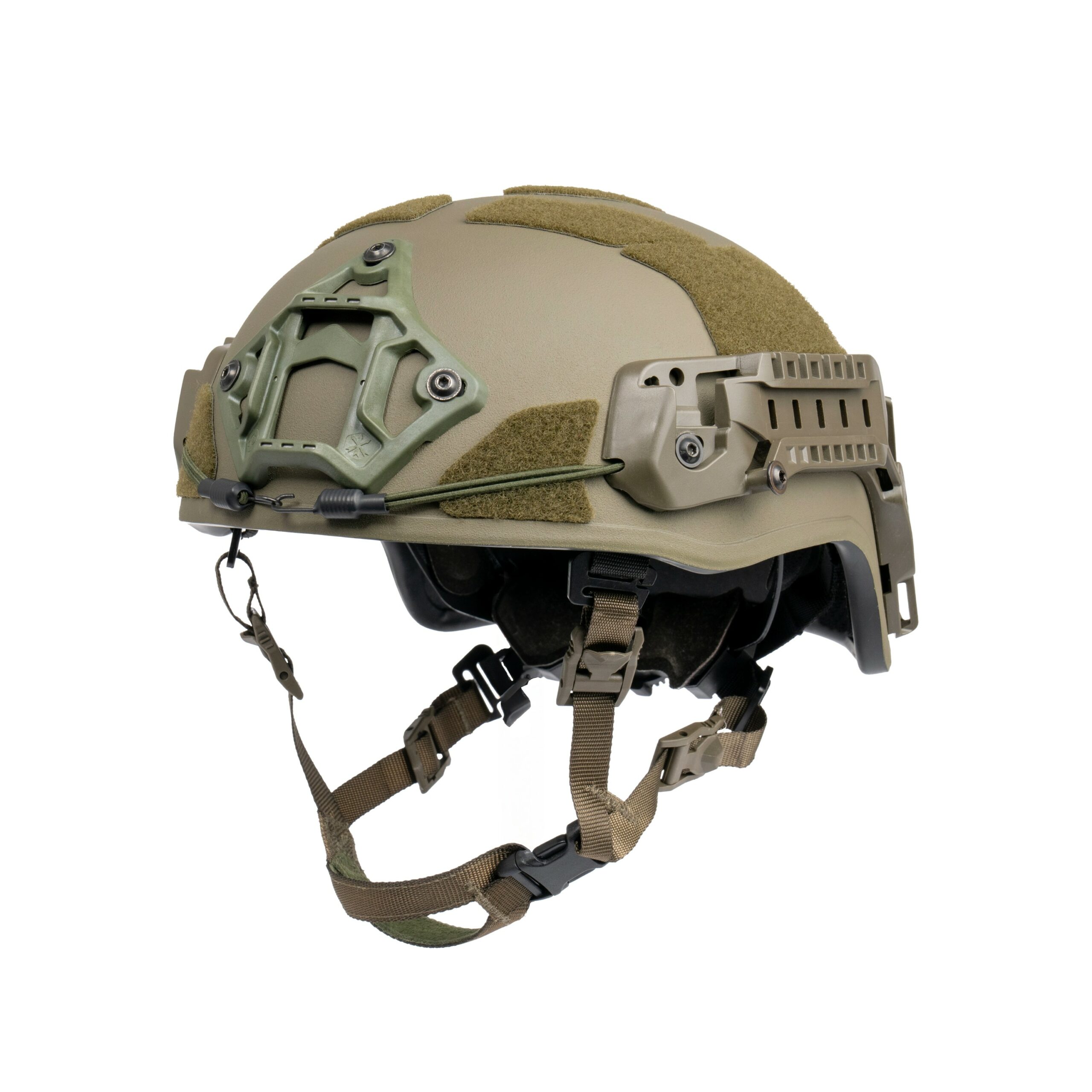 Ballistic helmet AMP-1 X in High-Cut ranger green with Unity Tactical NVG, bungee, Velcro and CMR-1 rail.