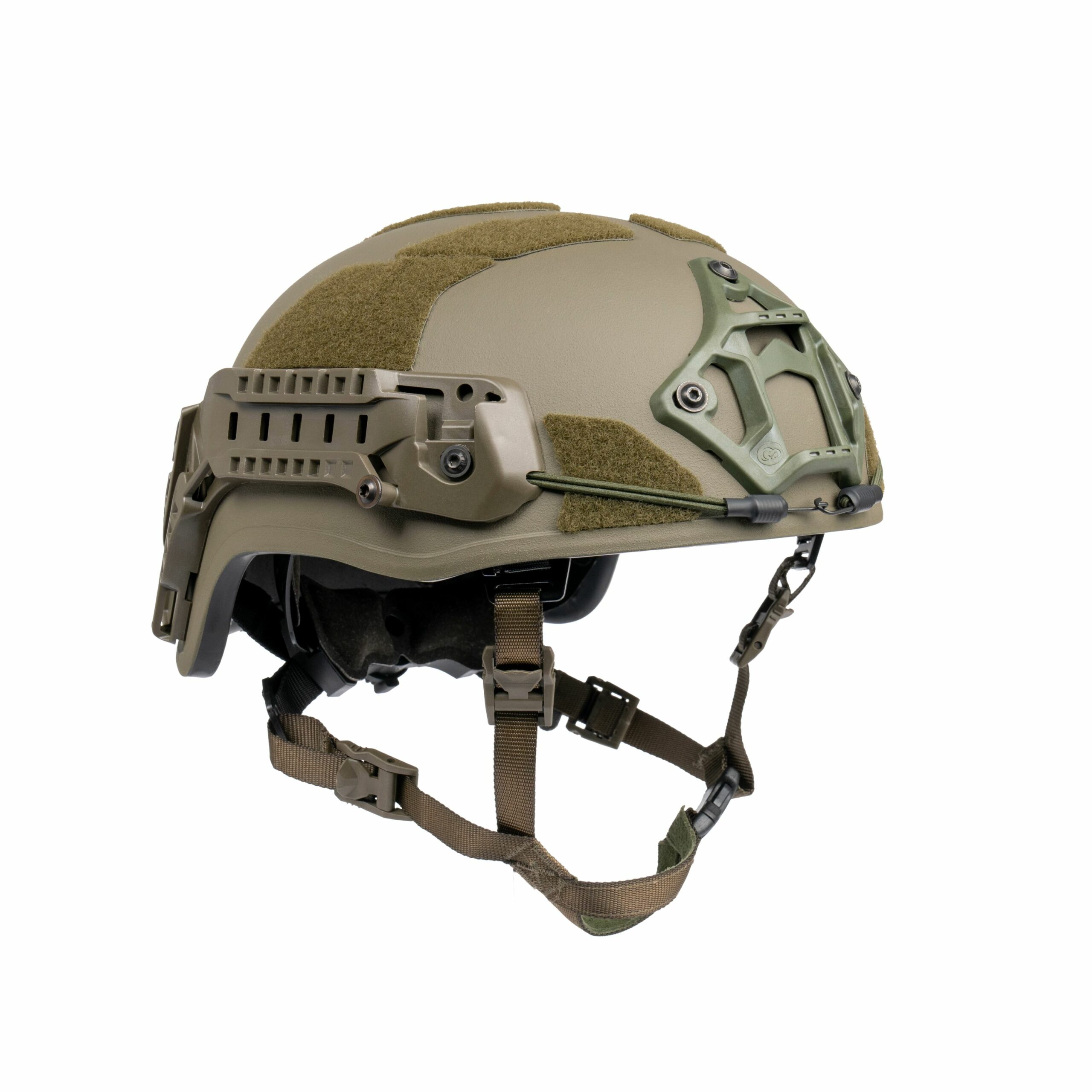 Ballistic helmet AMP-1 X in High-Cut Ranger Green with Unity Tactical NVG, bungees, Velcro and CMR-1 rail.