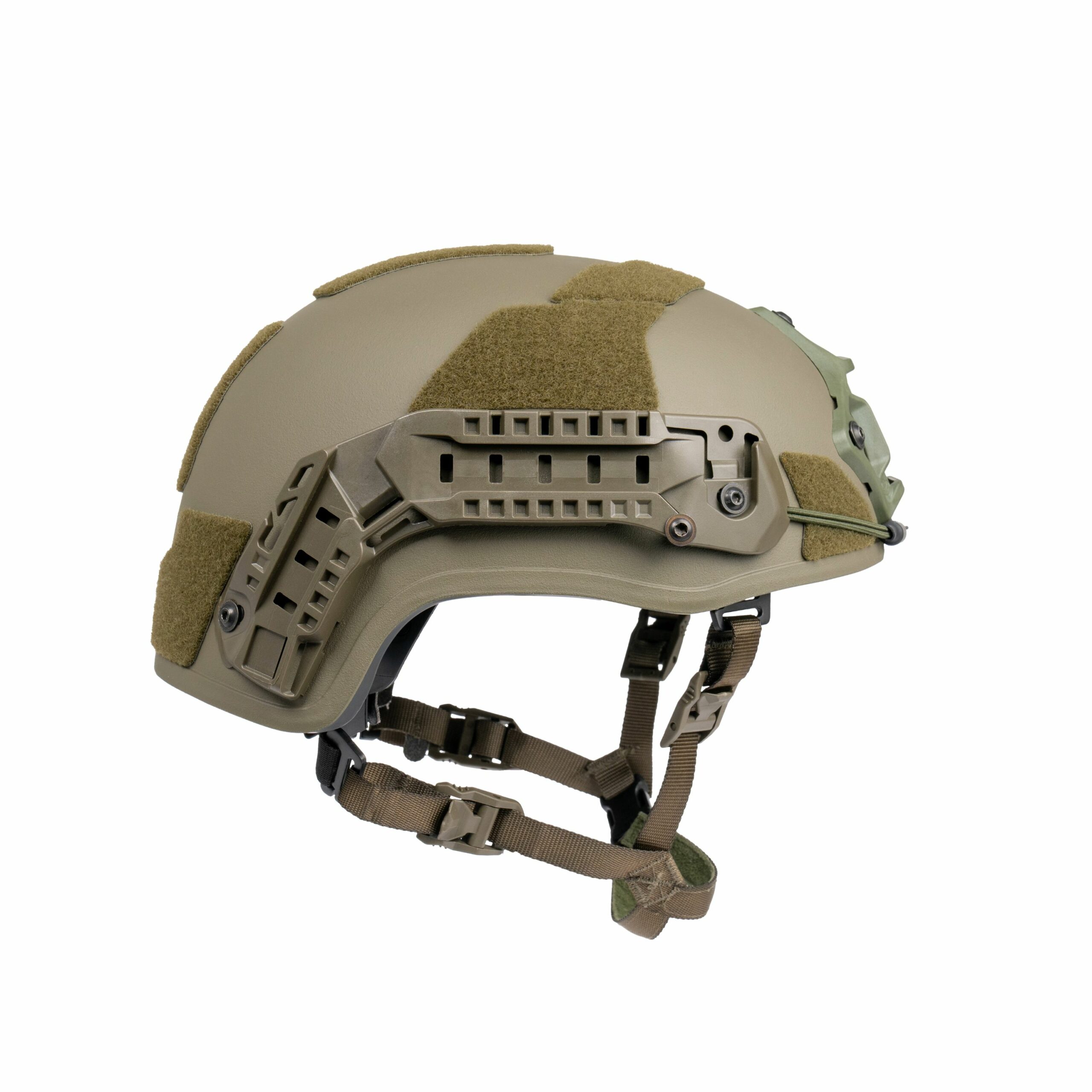 Ballistic helmet AMP-1 X in High-Cut ranger green with Unity Tactical NVG, bungees, Velcro and CMR-1 rail.