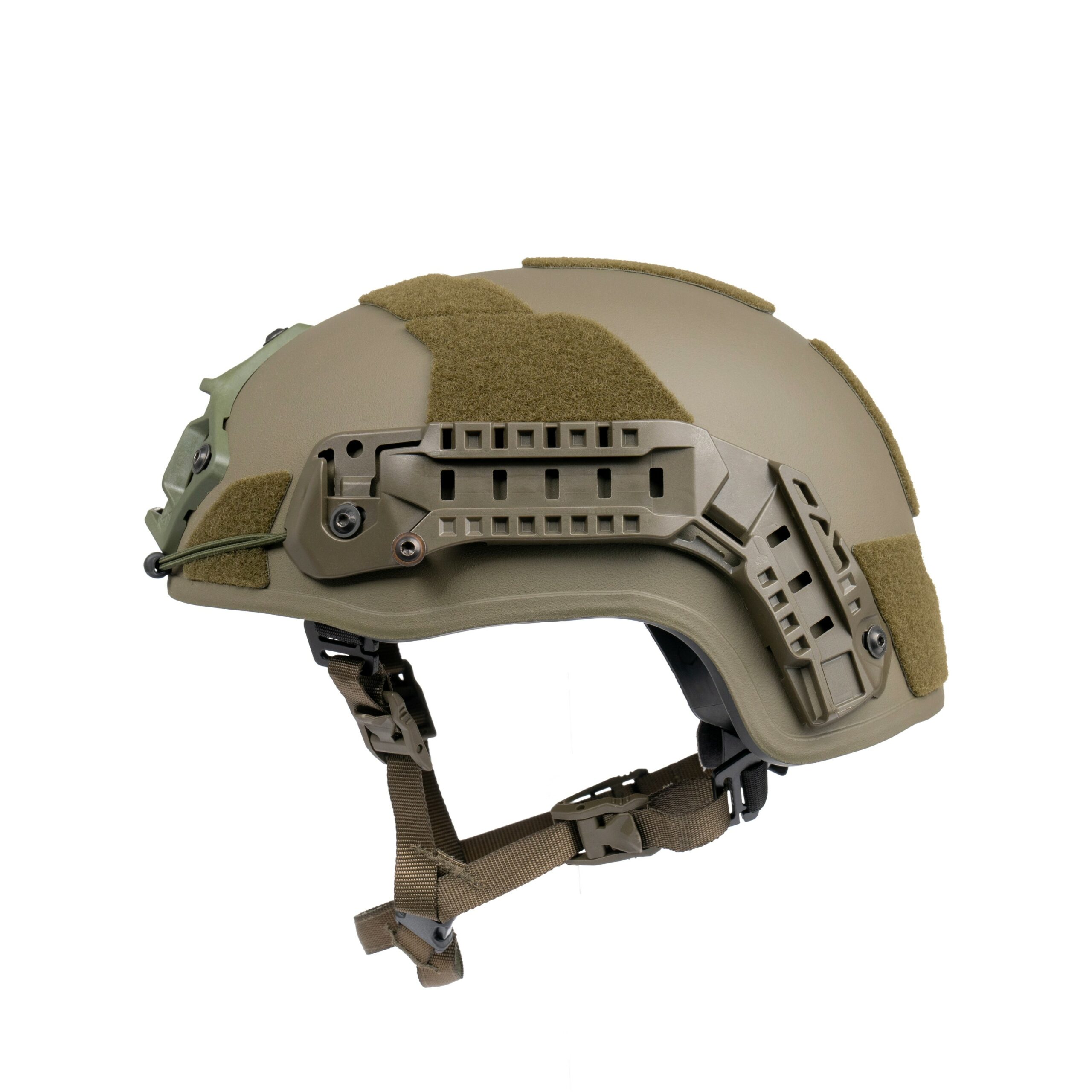 Ballistic helmet AMP-1 X in High-Cut ranger green with Unity Tactical NVG, bungee, Velcro and CMR-1 rail.