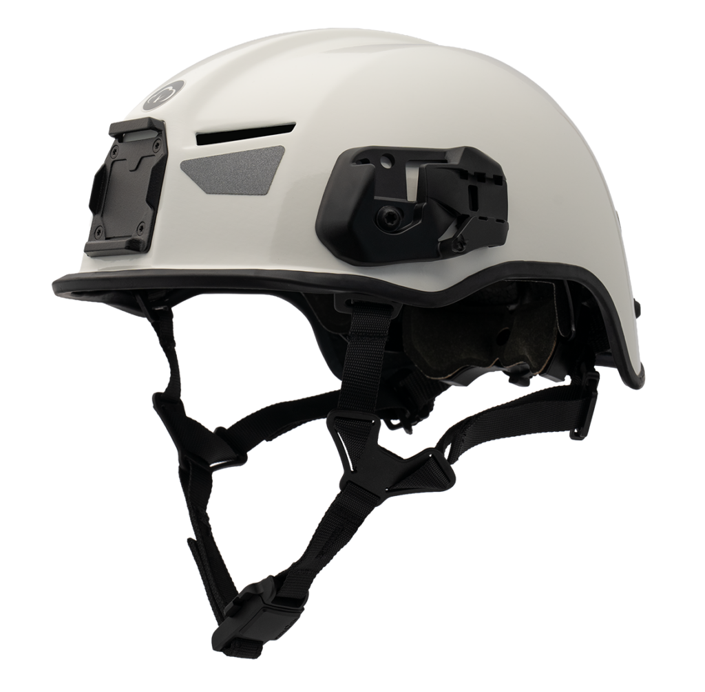 SAR helmet ATR-1 M made by Busch PROtective in white from the front and side.